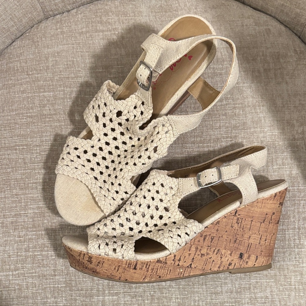 Jellypop Tan Crochet Wedge Sandals